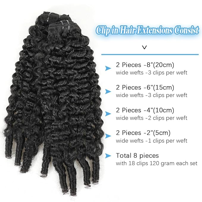 Burmese Curly Clip in Hair Extensions Real Human Hair, 8Pcs Remy Human Hair Clip in Extensions for Women, 100% Natural Soft Human Hair, 120g 12inch #1B Natural Black