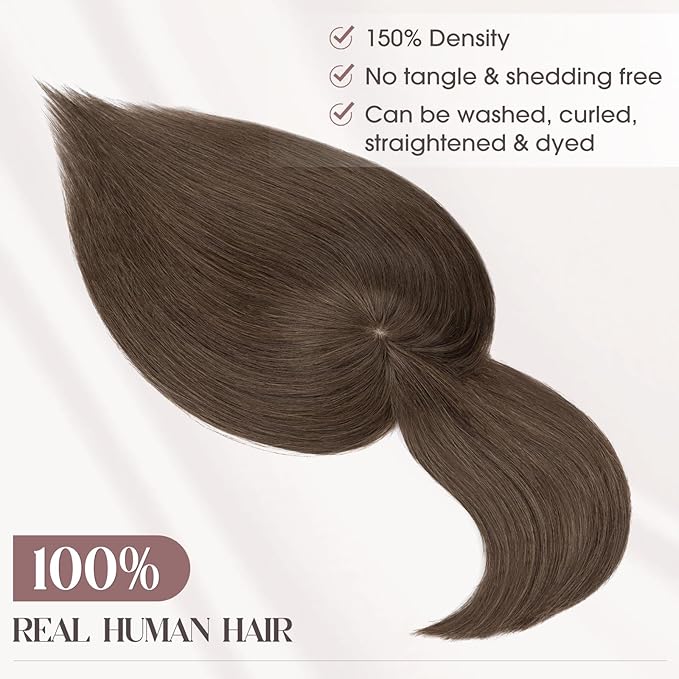 MY-LADY Human Hair Toppers for Women Real Human Hair with Bangs Thin 8.5 * 8.5CM Mono Base Clip in Remy Hairpieces Light Weight 12 Inch Dark Brown