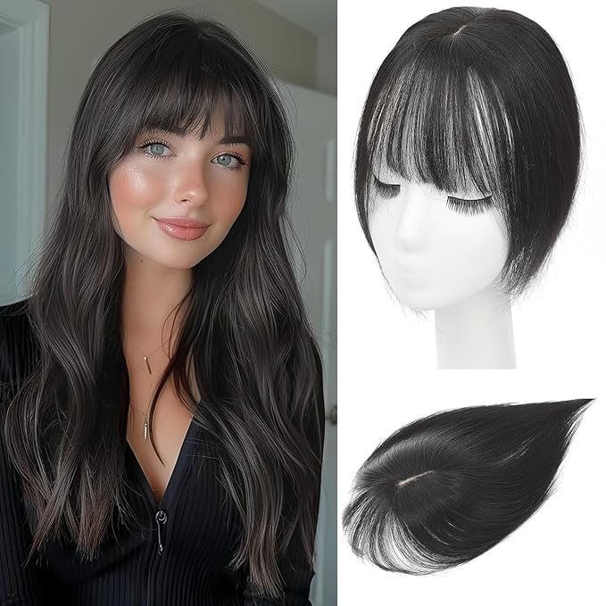 Hair Toppers for Women Real Human Hair, 360°3D Bangs Clip Human Toppers for Women with Thinning hair Realistic Scalp Line (Brown Black, 3D French Bangs(11 * 7))