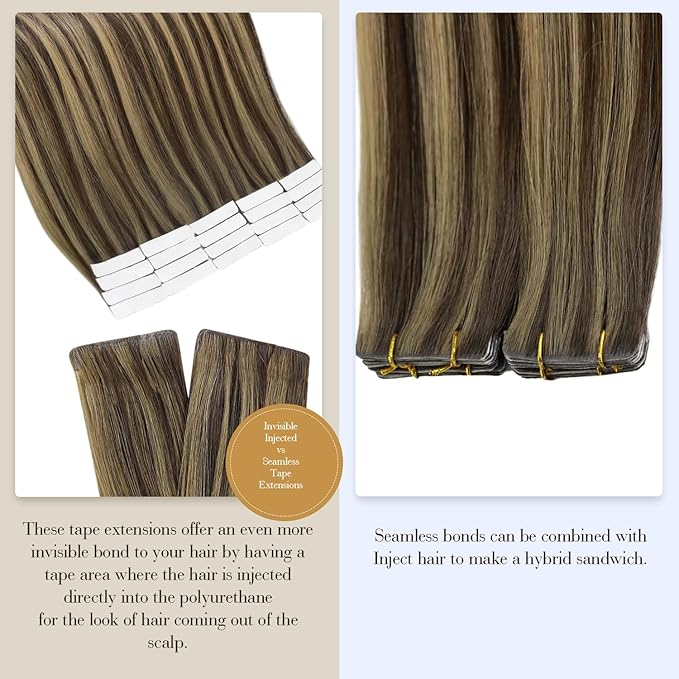Full Shine Injected Tape in Hair Extensions 5Pcs Machine Remy Virgin Tape in Extensions Color BM Brown Seamless Invisible Extension 14 Inch Injection Human Hair Extension 10Gram Add Volume
