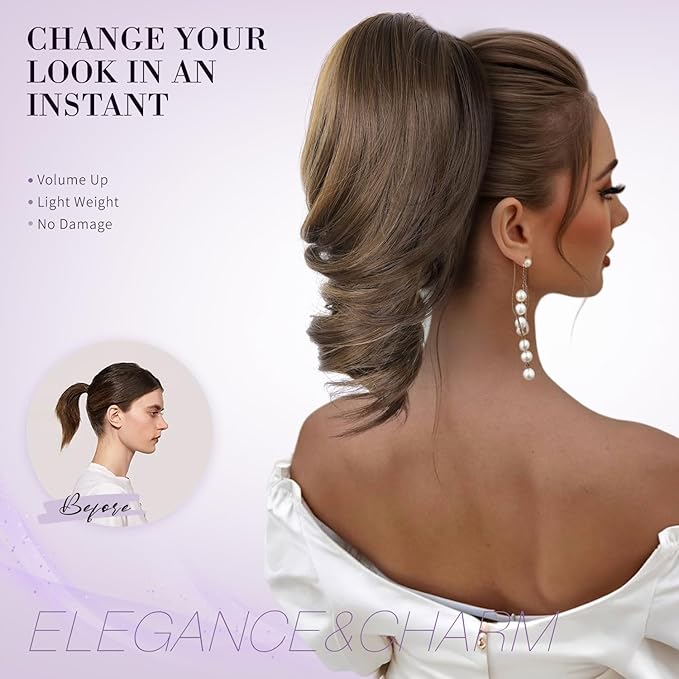 12 Inch Ponytail Extension - Clip in Ponytail Hair Extensions, Curly Wavy Pony Tails Hair Extensions, Synthetic Claw Clip Ponytail Extension for Women (Color: Light Brown With Blonde Highlights)