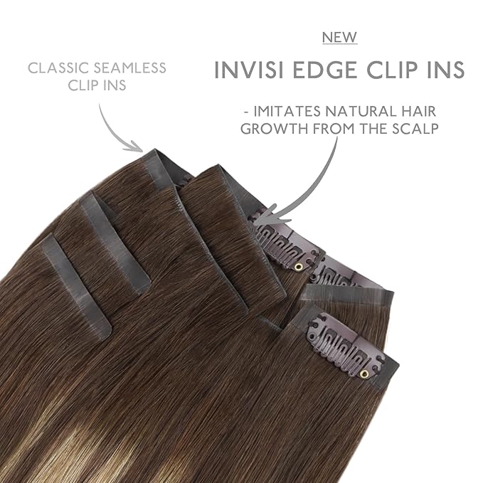 WENNALIFE Invisi Edge & Classic Seamless Clip in Hair Extensions Real Human Hair, 18 Inch 130 7pcs Balayage Chocolate Brown to Caramel Blonde Hair Extensions for Women Invisible Straight Injection