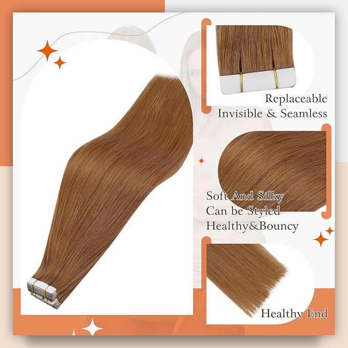 Full Shine Tape in Hair Extensions Human Hair Color 330 Copper Brown Tape in Extensions Human Hair Orange Seamless Skin Weft Invisible Extension for Women Add Length 22Inch 50G 20Pcs
