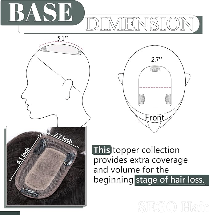 SEGO Hair Toppers for Women Real Human Hair with Thinning Hair, Toppers Hair Clip in Toppers with Front Bangs 150% Density Silk Base -14 Inch #1B Natural black