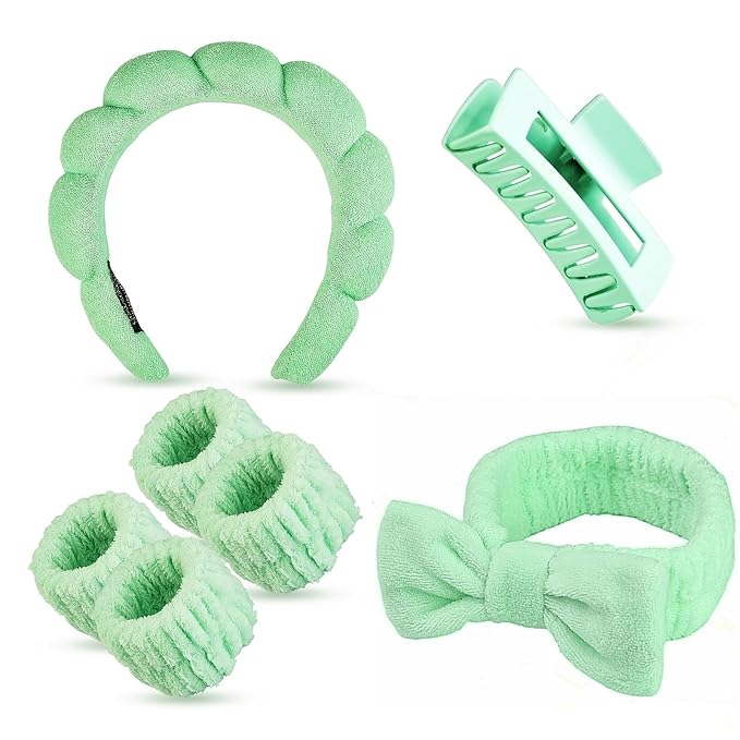 7 Pcs Spa Set, Facial Headband and Wristband Set, Skincare Accessories, College Style Girl Idea Gifts, Hair Accessories for Women and Girls（Light Green）