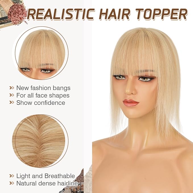 Rich Choices Real Human Hair Toppers for Women With Bang 100% Remy Human Hair Topper for Thinning Hair Clip in Silk Base Hair Topper 14 Inch #18P613 Ash Blonde Mix Bleach Blonde