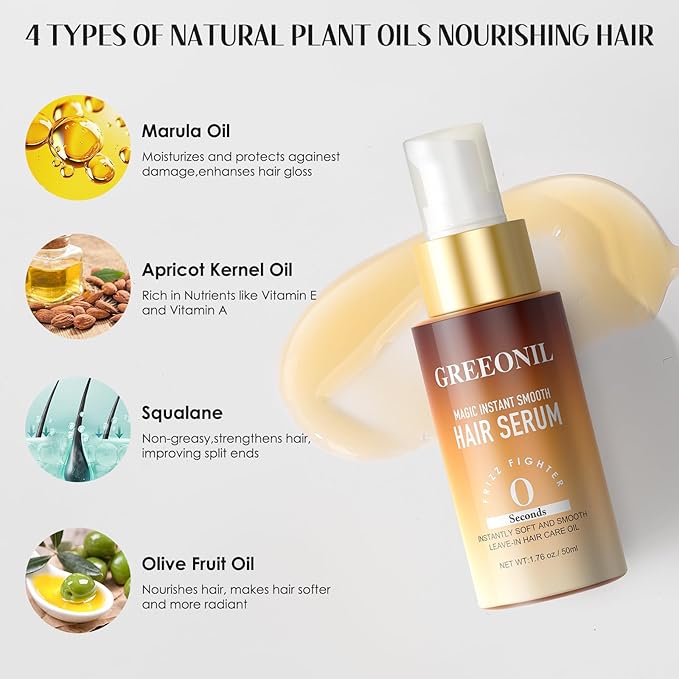 Hair Serum for Frizzy Hair with Hair Scalp Massager Shampoo Brush - Anti Frizz Serum Shine and Gloss Treatment with Marula Oil, Squalane, Vitamin E, Olive, For All Hair Types