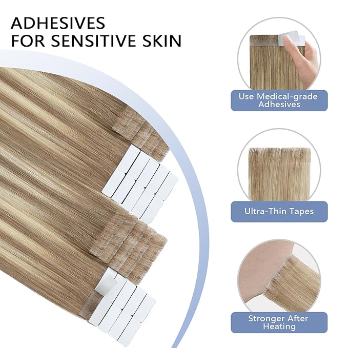 COOKAYU Invisi Edge Tape in Hair Extensions Human Hair, Ash Brown to Platinum Blonde 14Inch 20pcs 30g Straight Invisible Injected Tape in extensions