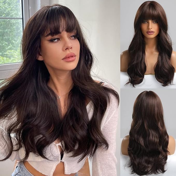 EMMOR Brown Wig with Bangs Long Body Wave Wig for Women Heat Resistant Synthetic Wigs Natural Looking