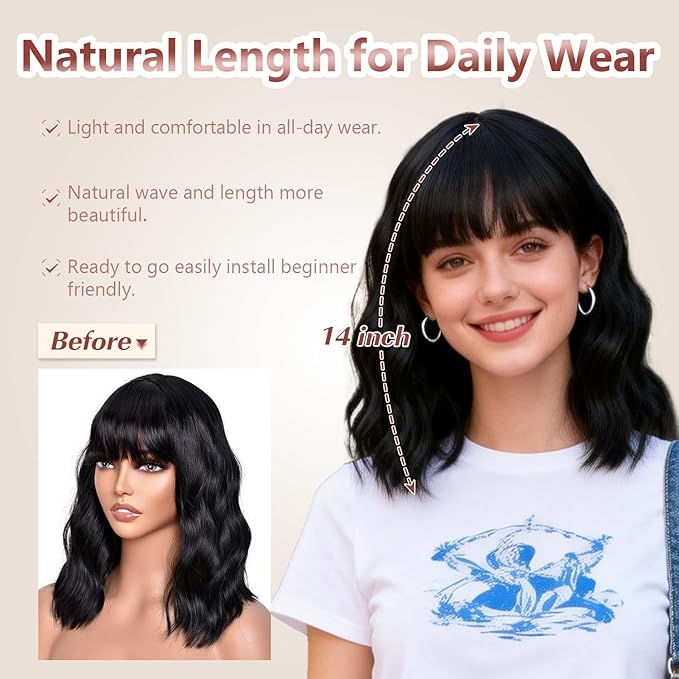 Black Bob Wig With Bangs Wave Wigs for Women 14 Inch Short Loose Wavy Heat Resistant Synthetic Wig Shoulder Length Natural Color Hair for Daily and Party Use