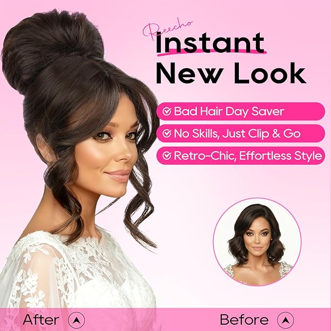 REECHO Messy Bun Hair Piece with Bangs – 2-in-1 Drawstring Ponytail Extension Updo Wig & Hair Topper with Long Side Bangs, Natural-Looking Hair Bun Hairpieces for Women - Black