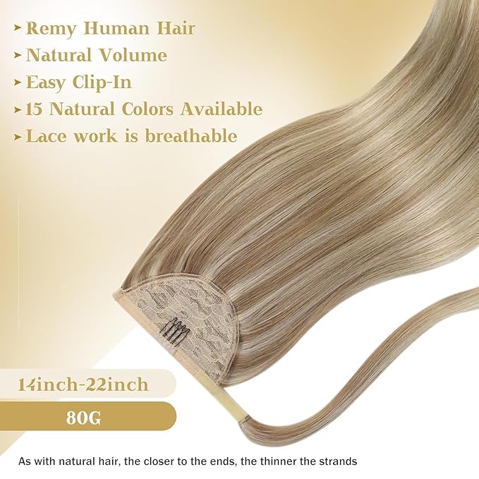 Ve Sunny Hair Extensions Ponytail Real Human Hair Wrap Around Clip in Ponytail Hair Extensions Straight Extensions Human Hair for Women Dark Blonde Highlights Golden Blonde 18inch 80G