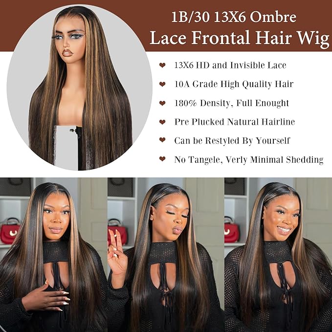 Ombre Lace Front Wig Human Hair 1B/30 Highlight Straight Wigs 13X6 Transparent Lace Frontal Glueless Wigs Honey Blonde Colored Human Hair Pre Plucked for Women 30inch