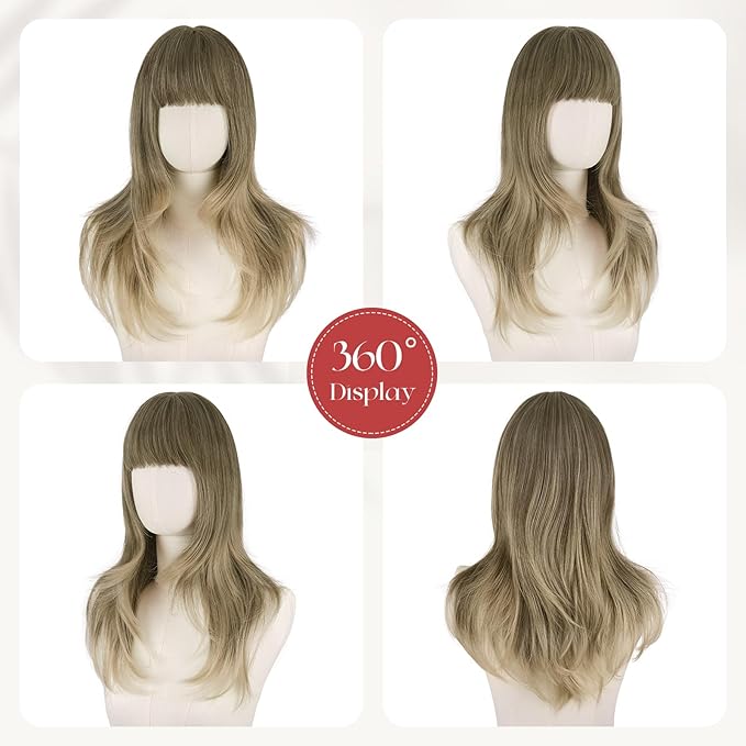 SOFEIYAN Long Straight Layered Brown Ombre Blonde Wig with Bangs 24 Inch Synthetic Natural Hair Wig Soft Heat Resistant Long Wigs for Women Daily Party Use