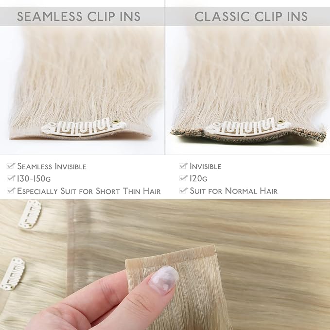 WENNALIFE Seamless Clip In Hair Extensions, 16 Inch 130g 7pcs Ash Blonde to Golden Blonde and Platinum Blonde Hair Extensions Clip in Human Hair Invisible PU Skin Weft Natural Remy Human Hair