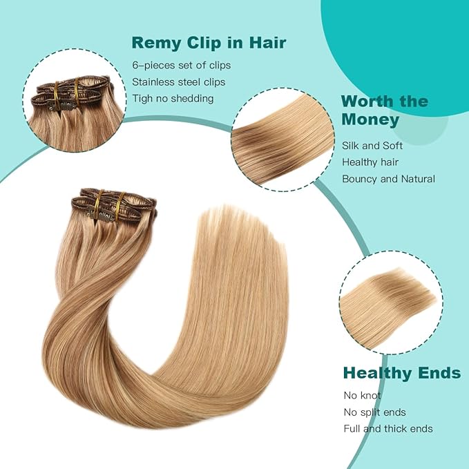 SURNEL Clip in Hair Extensions Balayage Golden Brown to Honey Blonde Clip in Hair Extensions Real Human Hair 22 Inch 6pcs 120g(#10/27/27,22'')