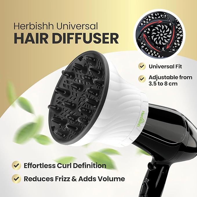 Herbishh Universal Hair Dryer Diffuser - Adjustable 3.5-8 cm, Rotary Clip for Curly & Wavy Hair, Even Heat, Reduces Frizz & Adds Volume, Heat-Resistant Air Hood for Effortless Curl Definition (White)
