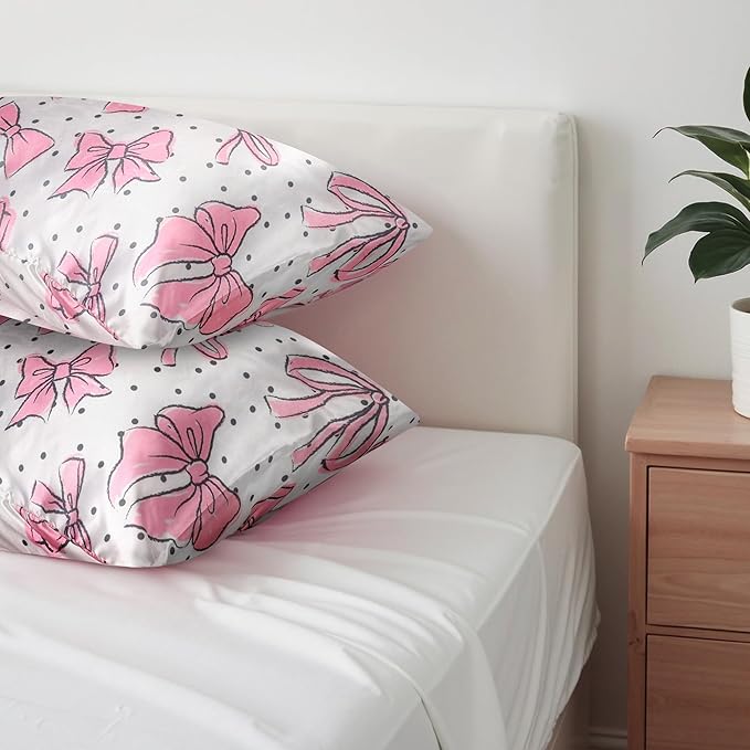 Bow Pink Satin Pillowcase for Hair & Skin Care, Queen Size Set of 2 - Luxurious Satin Pillow Cover with Envelope Closure(20x30 Inches)