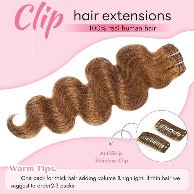 Clip in Hair Extensions Real Human Hair Body Wave 6 Chestnut Brown Clip in 100% Brazilian Remy Human Hair Extensions 8pcs Per Set with 18 Clips Double Weft 22 Inch 110g/3.6oz