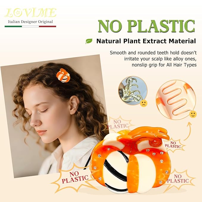 Mini Cute Acetate Hair Claw Clips for Women- Italian Designed Original Handmade Vintage Halloween Hair Accessories- Pumpkin, Witch Hat, Ghost, Nonslip, Plant-Based, Gift Boxed, 3-Pack