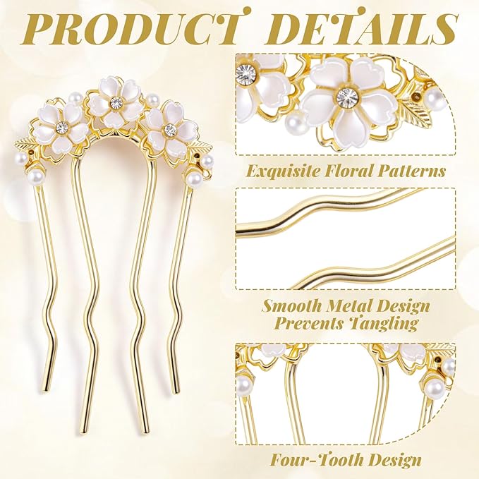 Pearl Flower Hair Clips, U-Shaped Crystal Flower Rhinestone Hair Pins, Gold Alloy Floral Hairpins Hairclips Accessories for Bride Weddings Party Holiday