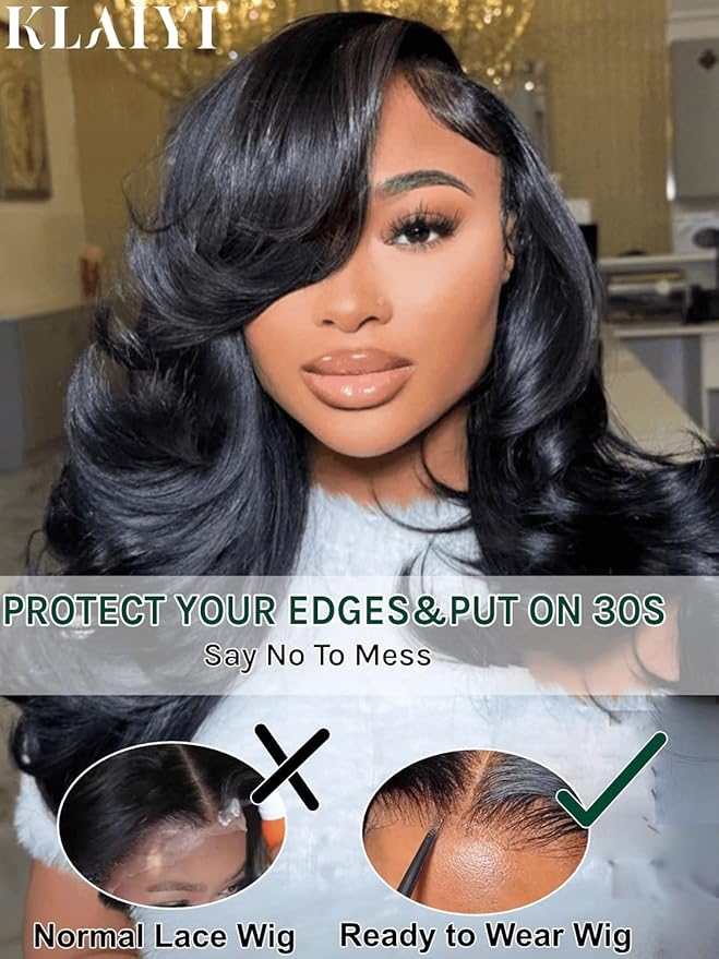 KLAIYI Loose Body Wave Pre Everything Glueless 13x4Lace Front Wig Human Hair Drawstring Precut Lace Pre Plucked Bleached Bye Bye Knots 3S Ready to Wear and Go Wig with Face Framing Curtain Bang 22Inch