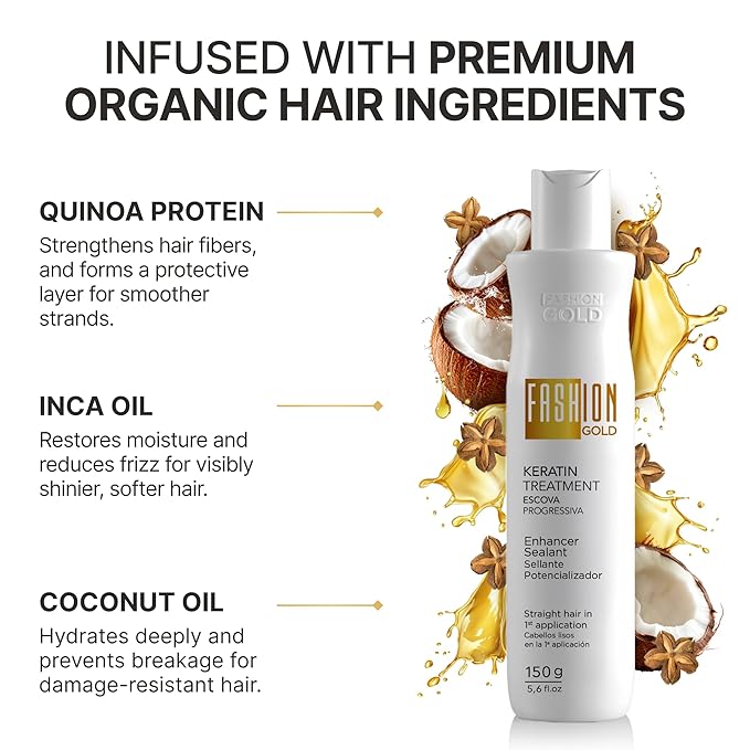 Fashion Gold Keratin Hair Treatment (Up to 3 USES per Bottle), Hair Botox Treatment, At Home Keratin Treatment, Keratina para Alisar el Pelo, Alisado Brasileño, Alisados organicos SIN FORMOL, 150g