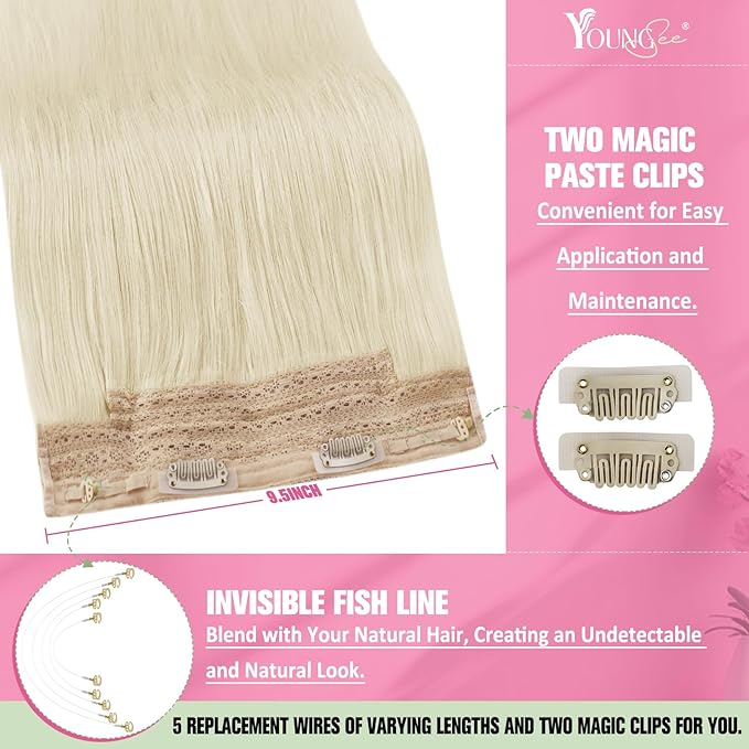 YoungSee 130G Human Hair Wire Extensions Blonde Hidden Wire Hair Extensions Platinum Blonde Invisible Fish Line Hair Extensions Real Human Hair 20 Inch
