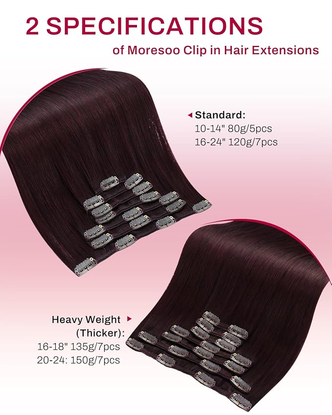 Moresoo Human Hair Clip in Extensions Dark Red Remy Clip in Human Hair Extensions Burgundy Hair Extensions Real Human Hair Clip ins Double Weft Red Wine #99J 7pcs 150g 24inch