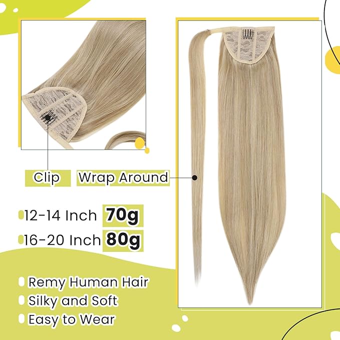 RUNATURE Blonde Hair Ponytail Extension, Real Human Hair Ponytail Extension, Natural Remy Hair for Women, Easy to Install, Long Ponytail 20 Inch 80g #16P22 Beige Blonde Highlights