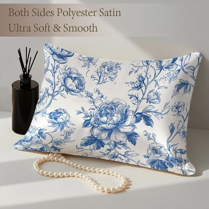 Silk Pillow Case for Hair and Skin Vintage Blue and White Floral Standard Size Silk Pillow Case with Zipper Super Soft Pillow Covers for Women Bed Sleeping, 20x26 Inches