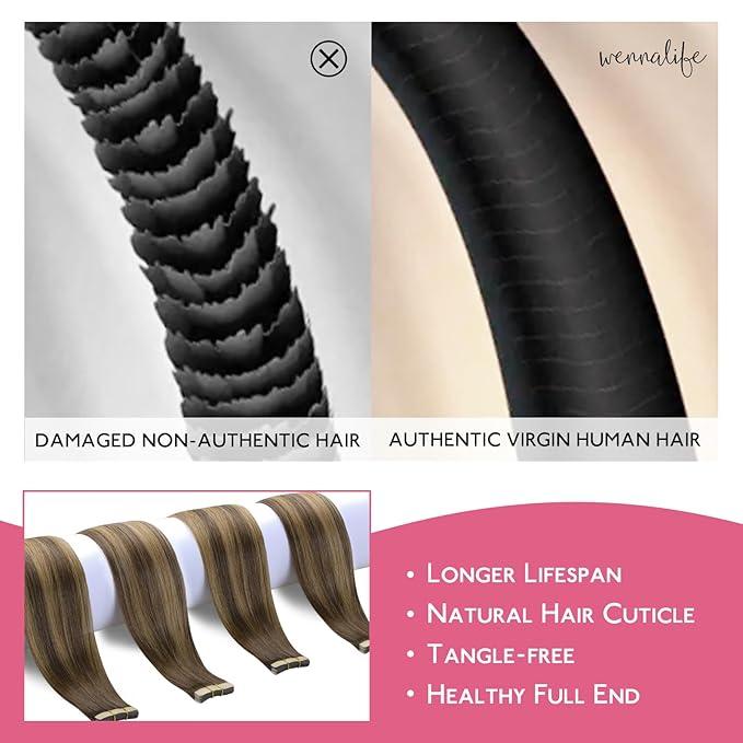 Wennalife Tape in Hair Extensions Human Hair Balayage Chocolate Brown to Caramel Blonde Tape in Extensions, 10pcs 20g 12 inch Remy Invisible Tape Ins Straight Soft Real Human Hair Tape in Extensions