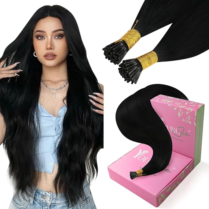 YoungSee I Tip Hair Extensions Human Hair Black 18 Inch Itip Human Hair Extensions Black I Tip Extensions Cold Fusion Itips Hair Extensions Human Hair Keratin Tip Extensions for Everyday Wear 60s 50g