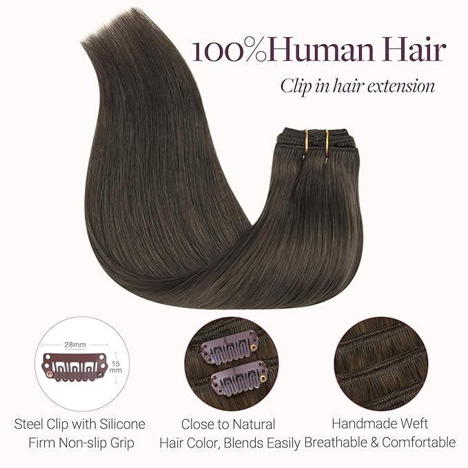 GOO GOO Clip in Hair Extensions Real Human Hair, Remy Human Hair Extensions Clip ins for Women, Natural Human Hair, 18inch 120g 7Pcs, 1C Mocha Brown