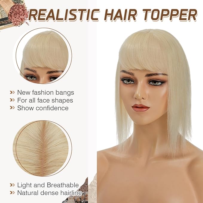 Rich Choices Real Human Hair Topper With Bang for Women - 100% Remy Hair for Thinning Hair, Clip in Silk Base, 12 Inch #613 Bleach Blonde