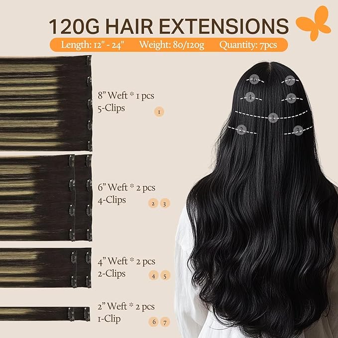 DOORES Human Hair Clip in Extensions, Balayage Natural Black to Light Blonde 12 Inch 80g 7pcs, Clip in Hair Extensions Remy Hair Extensions Straight