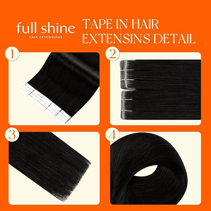 Full Shine Black Invisible Machine Remy Tape in Hair Extensions Human Hair Color 1B Double Sided Seamless Injection 16Inch Tape ins Real Human Hair Extensions 20Pcs 40G for Wedding Natural
