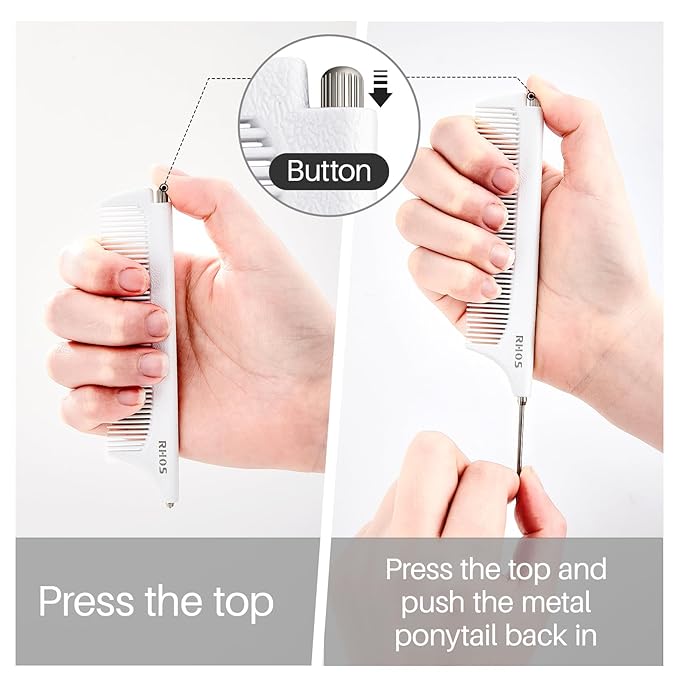 RHOS Carbon Retractable Rat Tail Parting Comb - Portable Fine Tooth Teasing Comb for Styling, Hair Cutting, Braiding with Stainless Steel Pin Tail - White