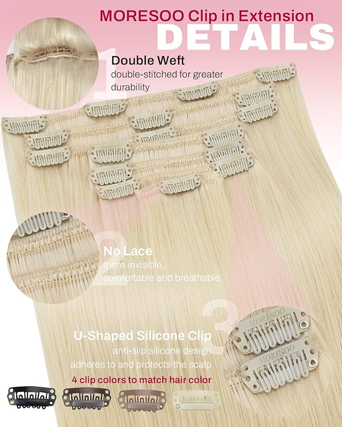 Moresoo Golden Platinum Blonde Clip in Hair Extensions Blonde Hair Extensions Clip ins Real Human Hair for Women Long Double Weft #60 120g/8pcs 18 inch