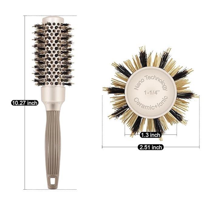 Round Barrel Anti-Static Hair Brush with Boar Bristles, Nano Thermal Ceramic Ionic Tech | For Extra Shine | Protect Hair, Enhance Texture, For Straightening & Drying (1 1/4 inch)