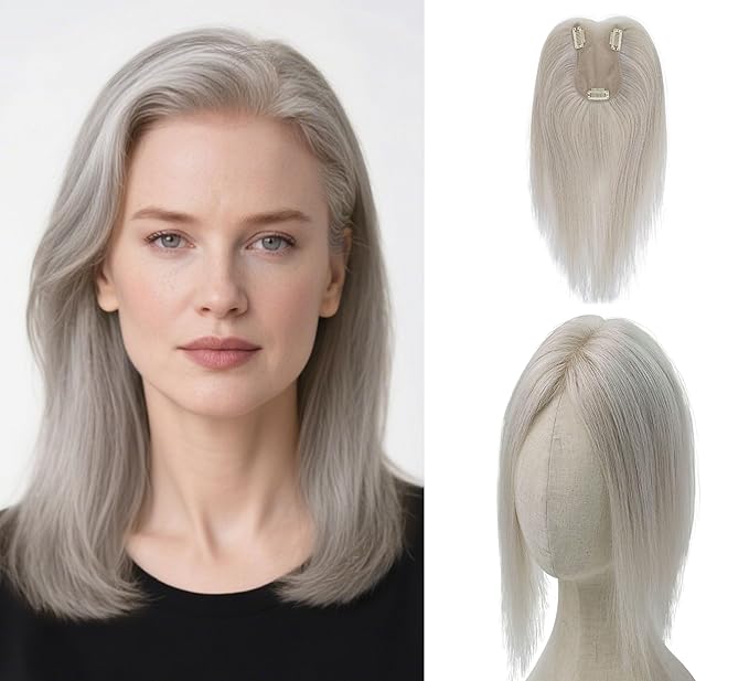 8x11cm Breathable Hair Topper, 12 inches 35g 120% Density Real Human Hair, 3 Non-Slip BB Clips, Wearable on Left, Right & Middle Part, Versatile Styling for Hair Loss & Volume Boost (Grey)