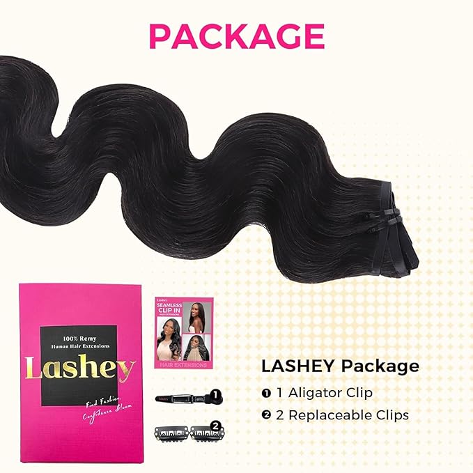 Lashey Seamless Clip in Hair Extensions Human Hair #1 Jet Black Body Wave 7pcs 110g 16 Inch Invisible PU Weft Clip in Hair Extensions for Women