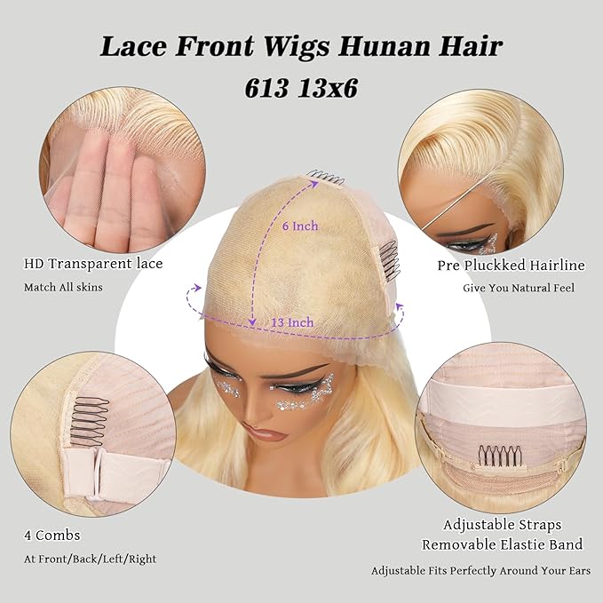 613 13X6 Hd Lace Front Wigs Human Hair 26 Inch Glueless Full Frontal 220% Density Body Wave Blonde Wig Human Hair Triple Lifespan 3X No Tangle No Shedding No Synthetic