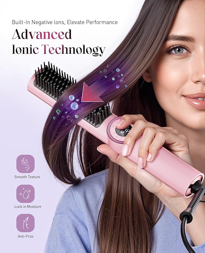Hair Straightener Brush for Women: Negative Ionic 3-in-1 Curling & Straightening Brush, Ceramic Hot Comb with 15 Temps for Hair Styling, Pink