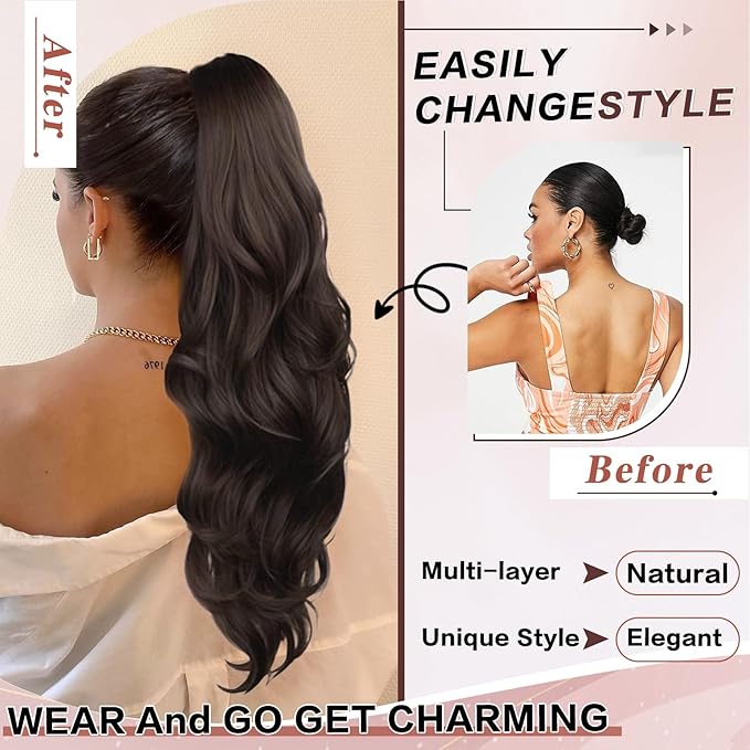 Ponytail Extension, 26 Inch Drawstring Ponytail Extension for Women Long Wavy Pony Tails Hair Extensions Synthetic Clip in Ponytail Hairpiece for Women(Brown)