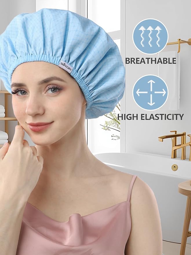 Years calm Shower Caps For Women Reusable Waterproof，Pattern And Solid Color Dual-Layer Design For Dual-Layer Usable，Protects Hair In Shower, Spa, Cooking, Clean & Travel (Blue, One Size)