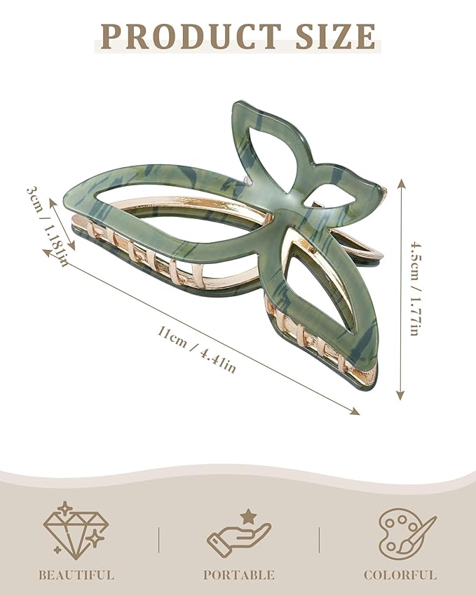 ACECHA 2 Pack Gold Metal Bow Hair Claw Clips for Women, Large Non-slip Butterfly Hairclips for Thin Thick Hair Claws Strong Hold Styling (Green)