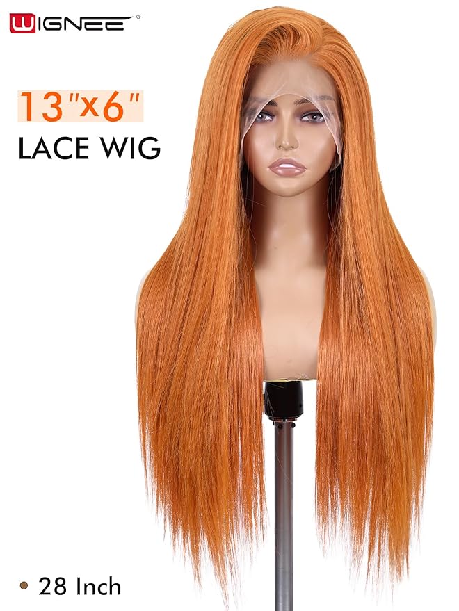WIGNEE 13x6 Synthetic Lace Front Wig Pre-Plucked Synthetic Glueless Straight Wig 28" Voluminous Ginger Lace Front Wigs with Kanekalon Futura Hair