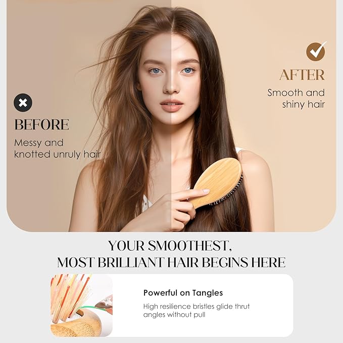 Bsisme Hair Brush with Boar Bristle & Nylon Pins for Women Men Kids, Detangling Hairbrush for Thick Thin Curly Straight Wet or Dry Hair Smoothing Massaging Enhance Shine & Health