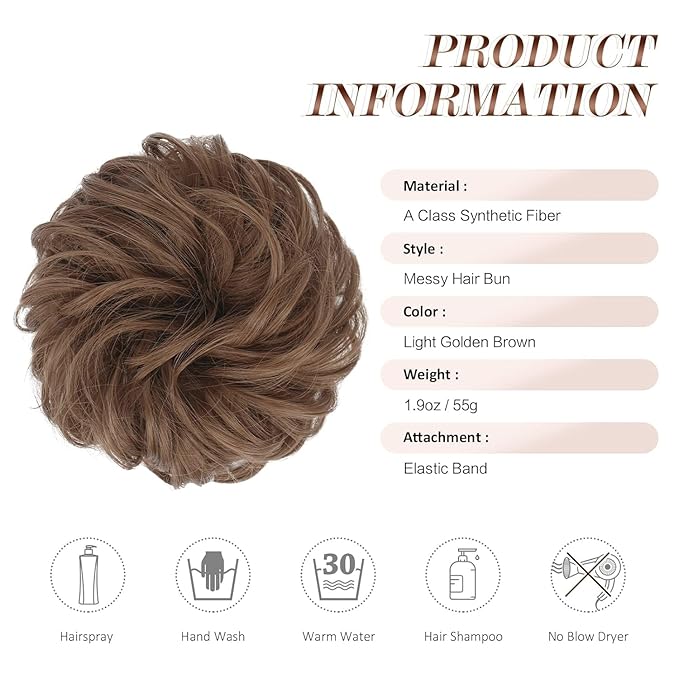 FESHFEN Messy Bun Hair Piece - Large Elastic Wavy Curly Hair Bun Scrunchies Ponytail Extensions Synthetic Chignon Hairpieces for Women, Medium Auburn 1.94oz